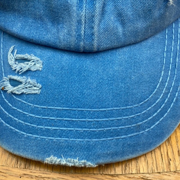 C.C BEANIE BLUE DISTRESSED CRISS CROSSED PONYTAIL BASEBALL CAP, WOMEN, ADULT - Picture 2 of 11